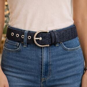 Coach Women's SZ S 1.5" Monogram Canvas Leather Black Belt Silver Hardware